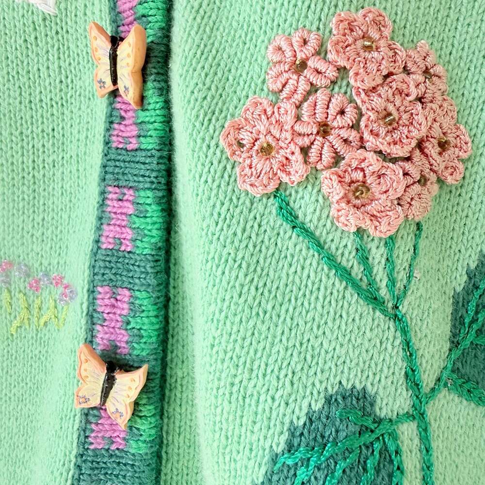 Vintage Storybook Butterfly and Floral Garden Knit Cardigan Sweater - Picture 4 of 15